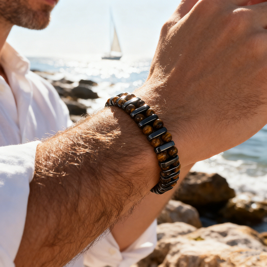 Hombre con camisa blanca junto al mar llevando la pulsera de ojo de tigre